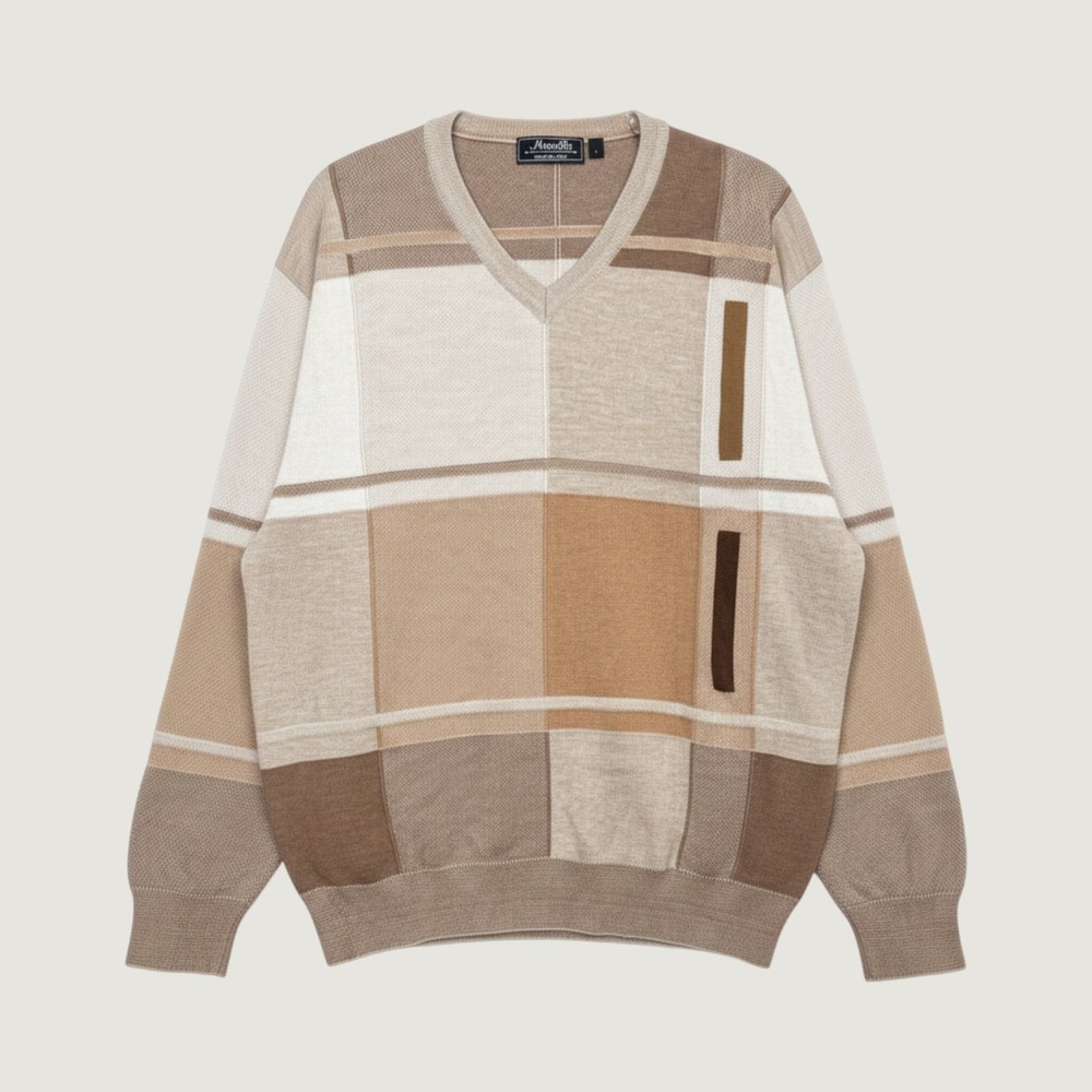 Marcello Mens V-Neck Merino Wool Blend Sweater Brown Beige Geometric Italy Large